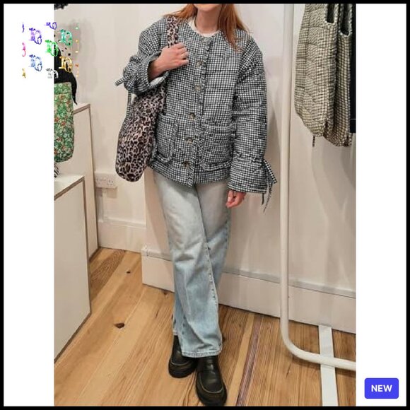 Cropped Quilted Puffer Jacket Lightweight Plaid Button Down Bow Chic - Picture 5 of 7